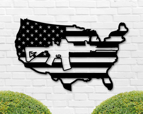 American Flag Gun Sign, AR15 Gun Flag Sign, Metal Sign, 2nd Amendment Decor, USA Flag Cutout, Armory Gun Sign, Military Decor, Gun Decor Dad