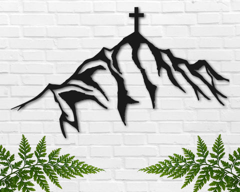 Cross Metal Wall Art, Religious Wall Decor, Cross on Mountain Metal Sign, Gift for Christians, Housewarming Gift, Religious Gifts, Catholic
